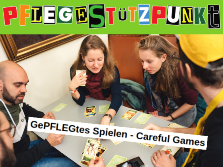 Foto und Grafik für Veranstaltung GePFLEGtes Spielen - Careful Games. Fünf Personen an einem Tisch bei einem Kartenspiel.